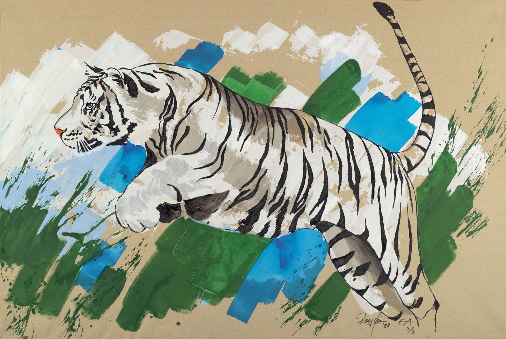 Tiger im Sprung blau-weiss