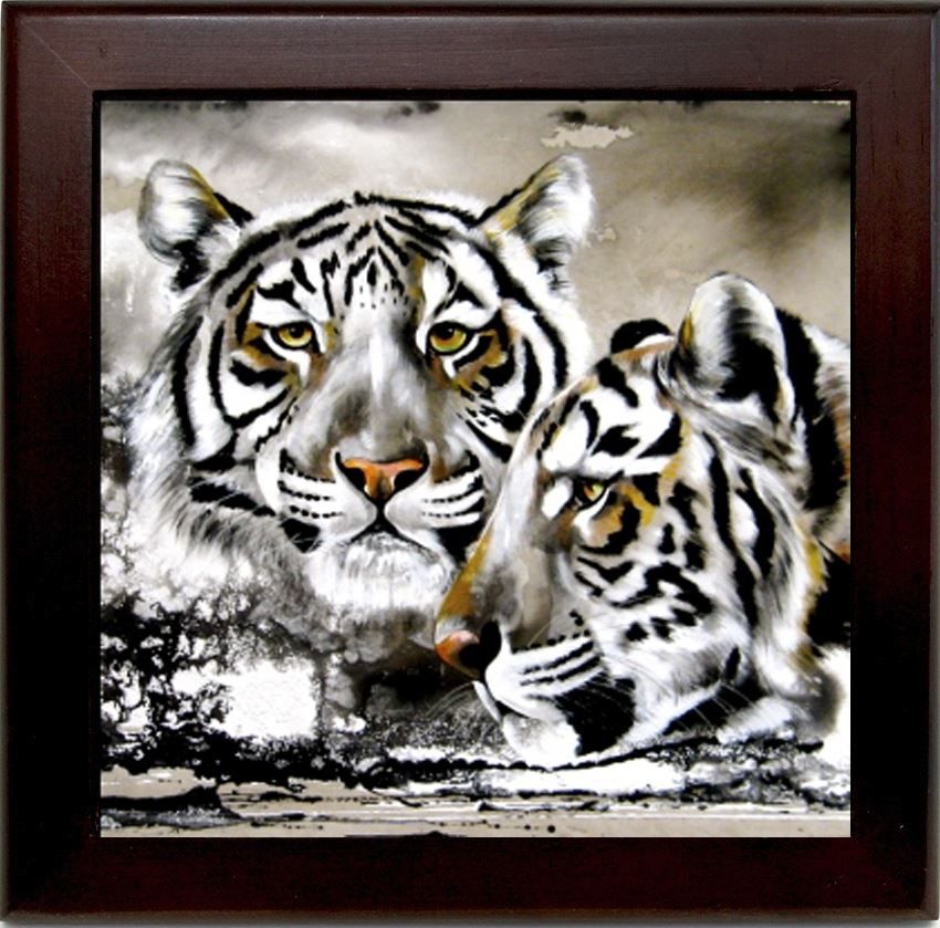 Keramikplatte mit Rahmen zwei Tiger