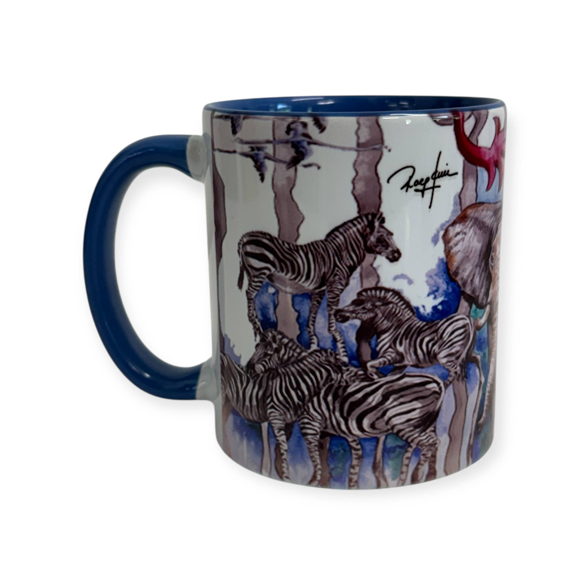Porzellantasse  "Elefant+Zebra" blau
