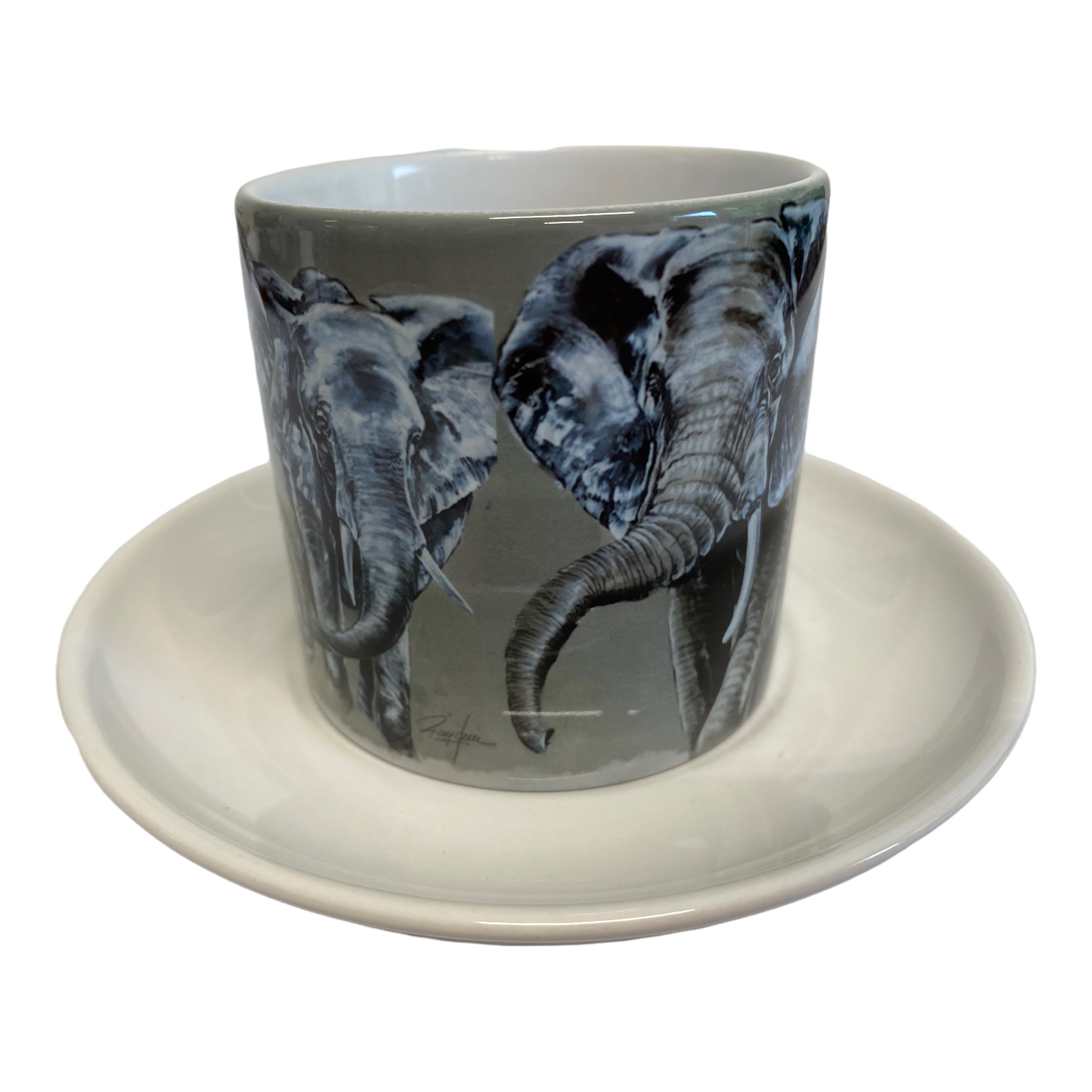 Kaffeetasse mit Unterteller "Drei Elefanten" 